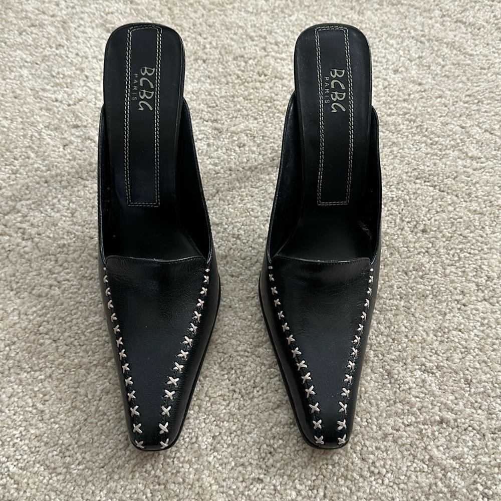 BCBG black leather mules with stitch details on upper size 8.5